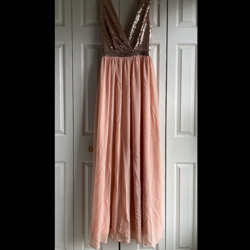 Lulus Elegant Encounter Backless Gown| Gold and Pink Chiffon | Size Small